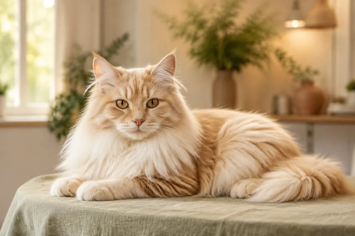 A fluffy cream cat resting on a soft sage surface